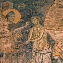 Fresco van St. Benedictus die de melaatse geneest